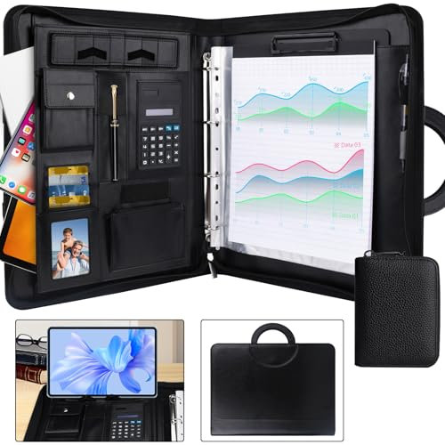 UCAMP Porte Documents,Portfolio A4 En Cuir Pu A4,Dossier de Conférence A4,Fabriqué à Partir de Cuir Pu Noir,Porte Documents à Anneaux Zippées avec Poignée pour Réunion,Bureau,École