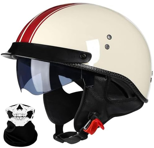 Retro Motorrad Halbhelme Motorradhelm für Herren und Damen ECE-Zertifizierung Jethelm Mit Visier Halbschalenhelm Braincap für Bike Cruiser Chopper Moped Scooter Offenem Helm, M-XXL