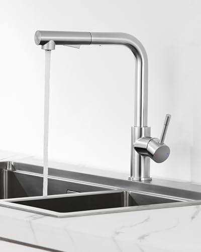 ANYCEE Robinet Cuisine, 360° Pivotant Mitigeur Cuisine Extensible, Robinetterie avec Douche Deux Jets d'Eau, Robinet Brossé