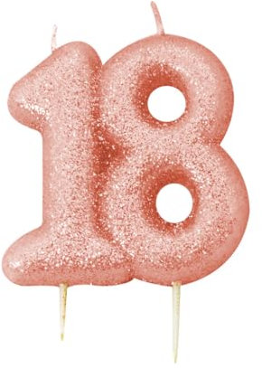 Anniversary House Metallic Rose Gold Glitter 18 Birthday Candle, Number 18, 18th Birthday Cake Topper, 7cm, Rose Gold Cake Decorations, Candles for Cake, Pack of 1, 18th Birthday Decorations, AHC244