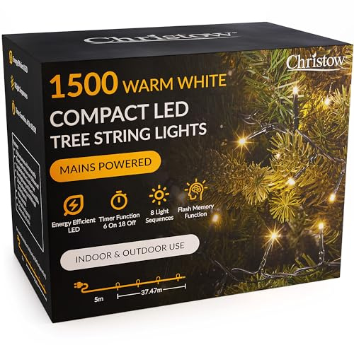 CHRISTOW 8ft Christmas Tree Lights, 1500 Warm White LED Fairy Lights with Timer, 8 Light Modes, Energy Efficient 3mm LEDs, Indoor & Outdoor, Mains Powered, Green Cable (34.47m Lit Length)