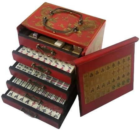 Mahjong rétro,Mahjong chinois avec étui de transport,Jeu de Mahjong Chinois Professionnel,avec 144 Tuiles und 2 Dés,ensemble complet de jeu de majong avec étui de Transport,les jeux familiaux