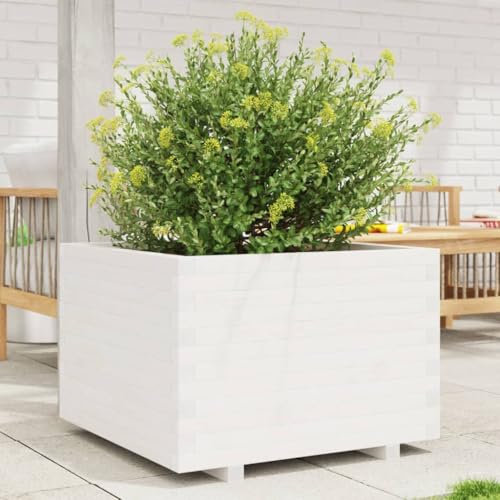 qohoio Jardinière Blanc 70x70x49,5 cm Bois de pin Massif Jardiniere sur Pieds,Bac avec Treillis,Jardiniere Terrasse