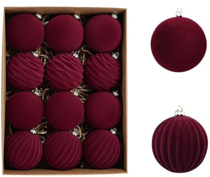 JOYWU Red Velvet Christmas Ornaments Ball,12 Pcs 8cm Large Christmas Balls Ornament for Xmas Tree,Shatterproof Christmas Hanging Baubles,Flocked Christmas Tree Balls,Plastic Christmas Bulbs Decor