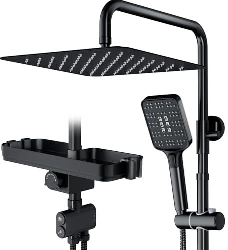 Rainsworth Duschsystem mit Ablage Schwarz - 30 X 30cm eckig Regendusche und 3 Strahlarten Duschkopf, mit Umsteller aus Messing,Duschsäule Duschset für Dusche ohne Armatur