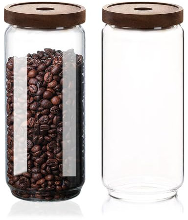 Glass Jars with Airtight Wood Lids - 1000 ML Kitchen Pantry Storage Containers, Decorative Storage Canister for Spaghetti, Pasta, Sugar, Coffee Beans, Cereal, Oats, Cookie, Candy, Tea, Nuts, Set of 2
