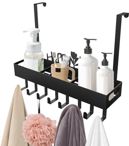 HMIEPRS Over Door Hooks, Pool Towel Rack with 8 Hooks, Over the Door Hanger with Shelf, Towel Holder Wall Mounted Organizer for Pool Bathroom Bedroom Kitchen Hot Tub Outdoor (Black)