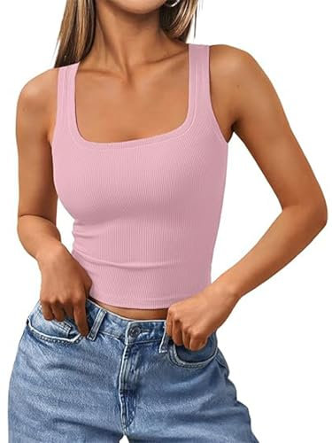 OOHOKAY Débardeur d'été pour femme - Coupe ajustée - Col carré - Spaghetti - Sans manches - Couleur unie - Basic - Y2k - Décontracté - Camisole à bretelles, Rose-d1, L