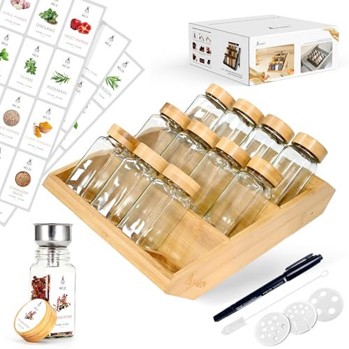SAEIV Frascos De Especias Cuadrados Con Estante De Madera De Bambú 2-En-1 (FCM®) - Juego De 12X120Ml Saleros, 120 Etiquetas, Compatible Vertical & Cajón - Organizador Con Insertador Agitador, Sin BPA