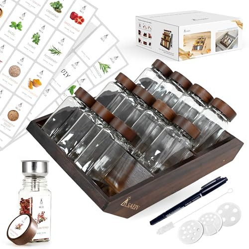 DSUID Space-Saving 2-in-1 Spice Rack for Inside Cupboard with 12x120ml Spice Jars with Lids | Acacia Wood Kitchen & Spice Organiser, Drawer/Standing Storage, 120 Labels & BPA-Free Spices Jars