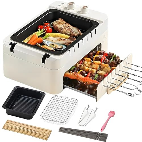 Electric BBQ Kebab Grill Machine, 360° Rotating Skewers Oven, Non-Stick Double Layer Hot Pot & Griddle, for Indoor Outdoor Camping, Parties, Backyard BBQ, Smokeless Barbecue Pot