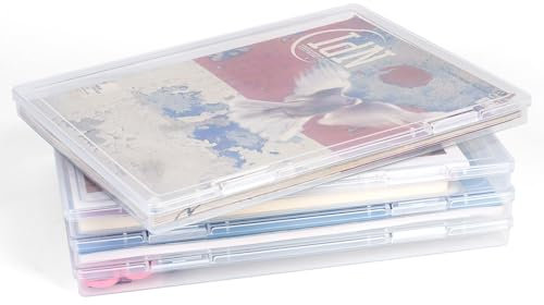 FUIJOL Stackable Flat Storage Bins with Lids, 4 Pcs 8.5x11 Inch – Plastic File Storage Box, File Organizer, Photo Storage Box, Board Game Storage Container, Craft and Paper Organizer for Home/Office