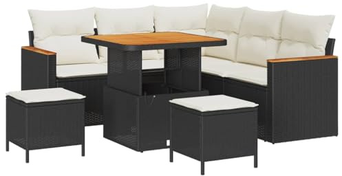 vidaXL Garten-Sofa-Set mit Kissen mit Speicher Schwarz Poly Rattan, Garten und Terrasse, modernes Rattansofa-Set, wetterfest, Akazienholz Möbel für Entspannung draußen