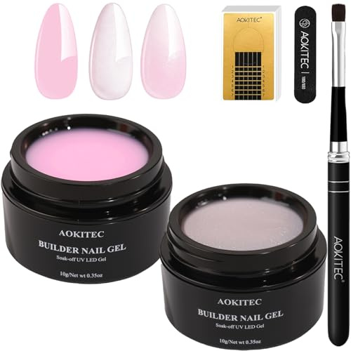 Aokitec Aufbaugel für Gelnägel Set, 2 Farben (Rosa & Glitzer Hellrosa) UV Gel Nagelverlängerung & Naturnagelverstärkung Kit, mit Pinsel, Feile, Schablonen, Nail Art Maniküre Set für Anfänger & Profis