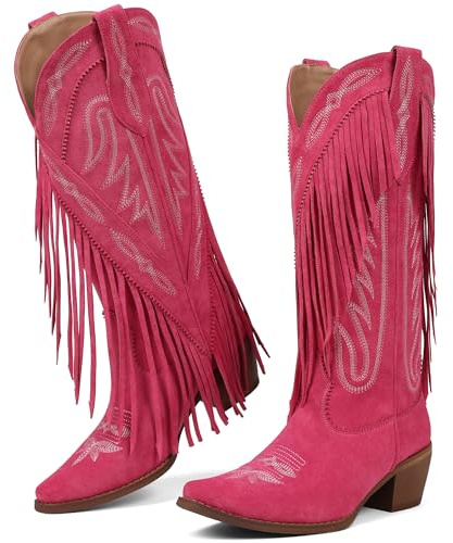 Grakihily Cowboy Boots for Women Retro Square Toe Pull On Block Chunky Heel Embroide Tassel Country Concert Outfits Calf Western Cowgirl Boots, Suede/Pink, 8 UK
