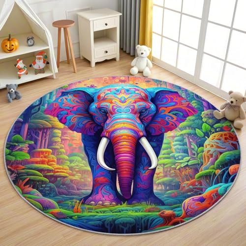 AevuCub Elefant Teppich Rund 100cm Kurzflor - Waschbare Teppiche Wohnzimmer Tropische Wildtiere - Runder Teppich 100cm Durchmesser Kinderzimmer - Bettvorleger Schlafzimmer rutschfest Weich