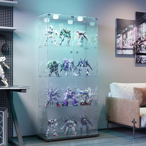 BPKADHY Glasvitrine Standvitrine mit LED Beleuchtung, Glasvitrine Stehend mit 4 Glasböden & 2 Glastüren abschließbar, Vitrinenschrank für Wohnzimmer Büro Sammlerstücke Bücher Wein Schwarz