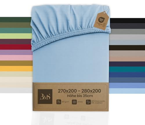 Bettwaesche-mit-Stil Familienbett Spannbettlaken Jersey Spannlaken Spannbetttuch (270x200-280x200 cm, Matratzenhöhe bis 35cm, Himmel Blau) Gewicht: 180g/m², 90% Baumwolle 10% Elasthan