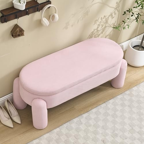 OKMYHOME Meubles D’entrée - Banc de Rangement avec Coffre, Banquette Coffre Rembourrée en Tissu Chenille et Bois Massif, 112 x 43 x 43 cm, Rose
