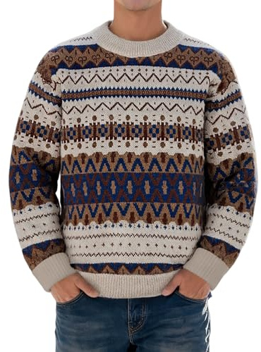 Foweknow Zopfmuster Strickpullover Herren Farbblock Norweger Pullover Mit Rundhalsausschnitt Dicke Gestrickte Sweater Jumper Lose Grobstrick Pulli Elegant Vintage Strickpulli