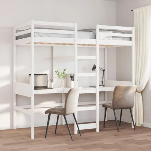 QJBSAVVA Hochbett Weiß 195,5x82,5x190,5 cm Massivholz Kiefer mit Schreibtisch Lattenrost platzsparend Jugendzimmer Einrichtung ohne Matratze