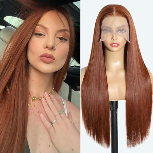 Ginger Lace Front perücke 13x6 26 Inch Long Auburn Straight Synthetic Wigs for Women Pre Plucked Natural Hairline Heat Resistant Fiber Hair Wig for Daily Wear