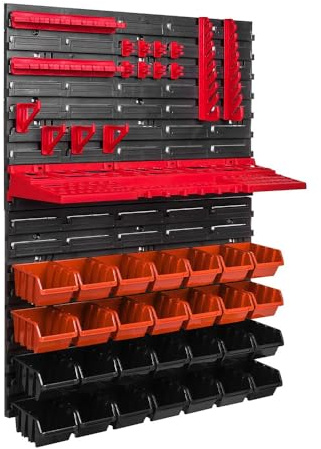 Garagenregal Wandregal mit 28 Stapelboxen, 49 Stück Lagerregal mit Lochplatten, Haken und Stapelboxen für Werkzeug, Schrauben und Nägel (49 Stück)