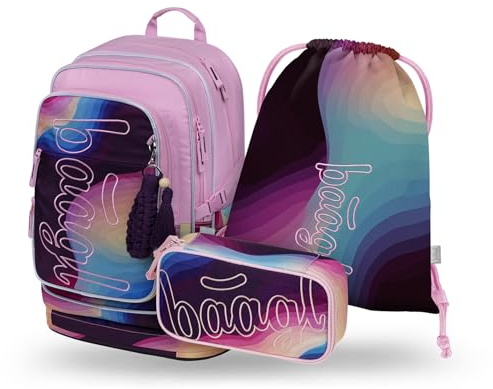 Baagl Schulrucksack Set Mädchen 3 Teilig Schultasche 29 l - Lyra | Ergonomischer Schulranzen ab 3. Klasse als Grundschule Ranzen mit Brustgurt bietet ein geräumiges Etui und einen Turnbeutel.