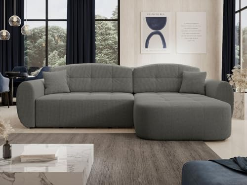 GRAINGOLD Avessio Ecksofa mit Schlaffunktion und Bettfunktion, 282x170 cm, L-Form Sofa, Schlafcouch für Wohnzimmer, Chenille-Stoff, 3-Sitzer Eckcouch, Ecksofa mit Stauraum (Grau)