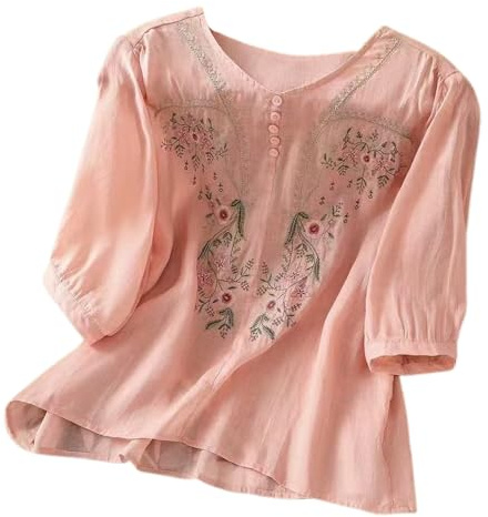 Chemisier bohème brodé en lin pour femme - Tunique ample à motif floral - Chemise à volants pour personnes âgées - Col rond - Gaze bohème - Style bohème