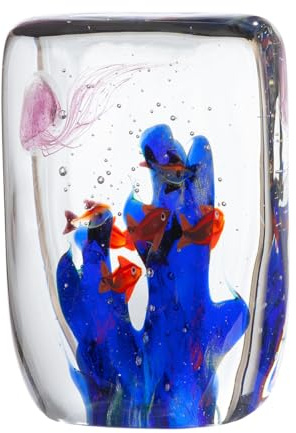 Glas Art Dekoobjekt Riff aus Glas - Quader mit Fischmotiv und Quallenmotiv - Blau Klar - Höhe 20cm x Breite 14cm