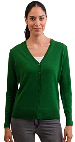 CASH-MERE.CH 100% Kaschmir Damen Pullover Cardigan V-Ausschnitt | Strickjacke V-Ausschnitt 2-fädig (Grün, XL)