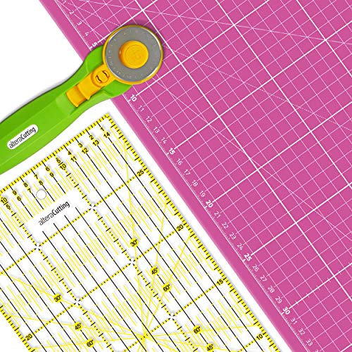 Schneidematte Set A1 (60x90cm) Pink, selbstheilend inkl. Rollschneider und 1x Altera Universal-Lineal 60x15cm, Patchwork- Quilt, Rollschneider-Lineal Gelb