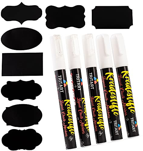 Tritart Kreidestift Weiß | 3 x 3mm + 2 x 6mm Kreidemarker Weiß | Chalk-Marker Abwischbar | Weiße Kreidestifte für Fenster/Glas usw. | GRATIS 24 Tafelaufkleber
