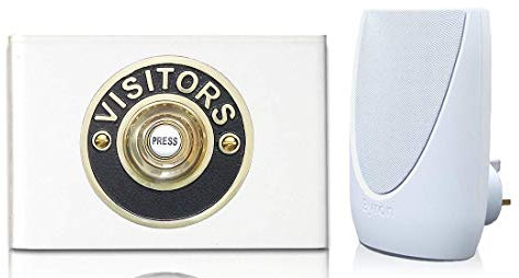 Byron 100m Wireless Plug-in Contemporary Doorbell kit Visitors Brass on White Perspex Plinth