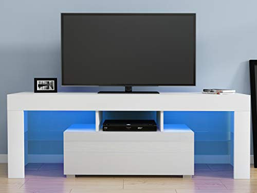 Panana Modern 130cm TV Stand Unit Cabinet with LED Lights High Gloss Fronts TV Entertainment Cabinet with Storage Drawer and Shelves for Living Room White