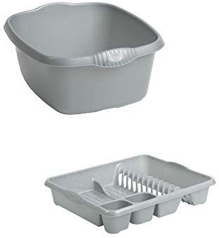 Set of 2 Plastic Kitchen Large Dish Drainer with Rectangular Washing Up Bowl (Silver/Grey)