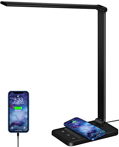oxylops Lámpara de escritorio con cargador inalámbrico, lámpara de escritorio regulable 5 modos de color 6 niveles de brillo, control táctil flexible, con puerto USB