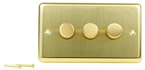 Volex Crabtree Gold 3 Gang Metal Dimmer Angled Light Switches Socket Toggles (Angled Brushed Brass (Gold))