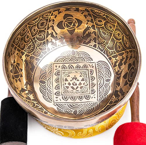 Himalayan Bazaar Large Tibetan Singing Bowl Set - Hand Carved 8.5 Master Healing Grade For Sound Bath Chakra 7 Metal Meditation Yoga By