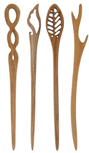 Tianbi Lot de 4 épingles à cheveux vintage en bois chinois antique, fourchette en bois pour chignon