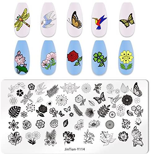 RUNRAYAY Placas de estampado de flores para el arte de las uñas, rosa mariposa pájaros impresión de moda plantillas de manicura placa de imagen para las mujeres y las niñas herramientas de impresión