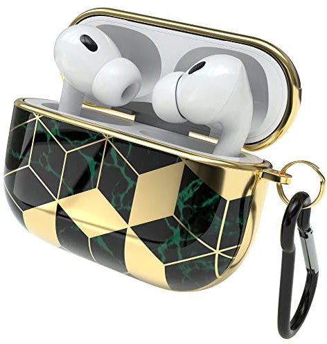 EAZY CASE - Schutzhülle für AirPods Pro 2 Hülle Grün Hard Case Stoßfest mit Karabiner geeignet als Schlüsselanhänger Antikratz Etui rutschfest Hardcase für Airpod Pro 2. Generation in Gold Grün Marmor