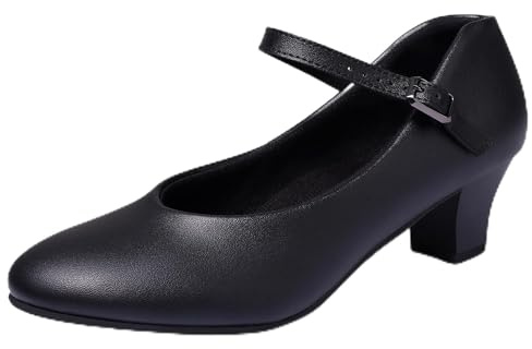 Linodes PU Leather Ankle Strap Character Shoe 1.55'' Dance Shoes for Women-Black-7M-UPD