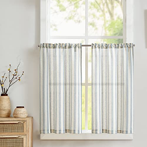 Vangao Streifen Scheibengardinen Modern Küche Blau Leinenoptik Gestreifte Bistrogardine 2er Set 65Bx90Hcm mit Stangendurchzug Landhaus Gardinen Kurz Halbtransparente Kurzstores Wohnzimmer Wohnwagen