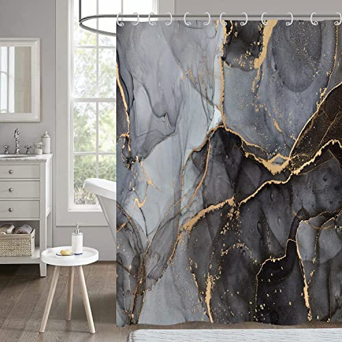 Hnmdmyi Tenda da doccia Marmo Ottico 180x240, Nero e Grigio Glitter Tende da doccia Crepa d'oro astratto moderno lusso arte tenda da bagno impermeabile poliestere tessuto lavabile tenda da bagno