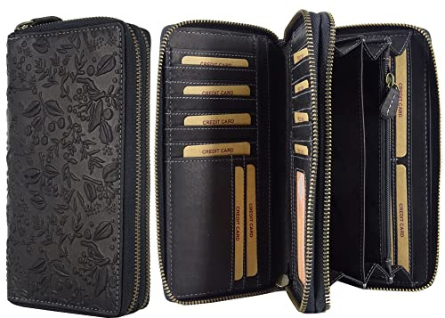 Hill Burry Geldbörse Frauen | XXL Groß Leder Geldbeutel Doppelter Reißverschluss mit RFID Schutz | Portemonnaie langes Portmonee für Damen | 27 Kartenfächer | 20x11x3,5cm (B x H x T) (Schwarz)