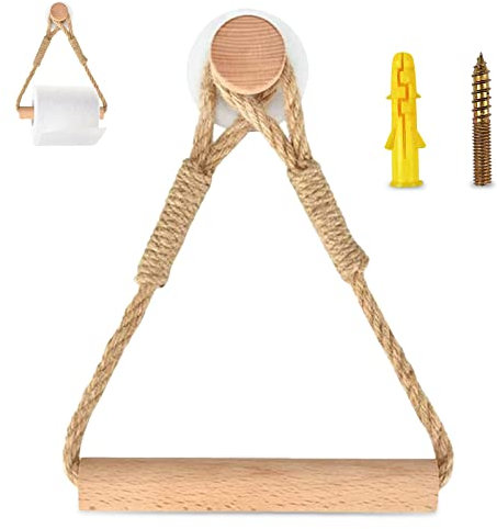 Ceisazira Porte Papier Toilette, Support Papier Toilette Mural Adhesif Corde en Bois Anneau De Serviette Rustic, Derouleur Papier Toilette Murale Corde pour Salle de Bain et Cuisine
