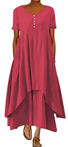 ORANDESIGNE Robe Longue Femme Kaftan en Coton et Lin Robe Ample Col V Boho Plage Eté Robes Décontracté Chic Manches Longues Grande Taille Maxi Robes A-Line 2 in 1 Lin Robes