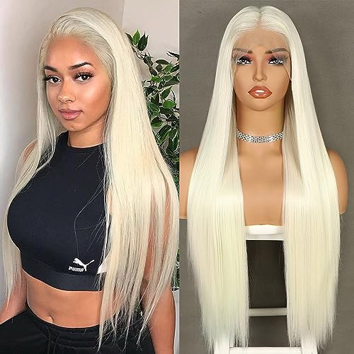Sapphirewigs Gerade Perücke für Frauen 13x3 Spitze Front Perücken Weiß Blonde Freies Teil Synthetische Haare 150% Dichte Hitzebeständige 26inch